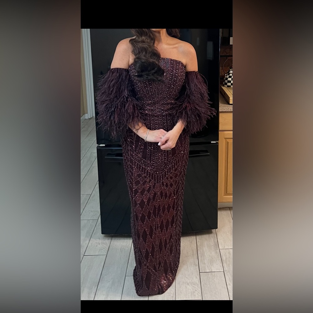Elegant Burgundy Dress with Removable Feather Arm Bands from Eleanor Schain